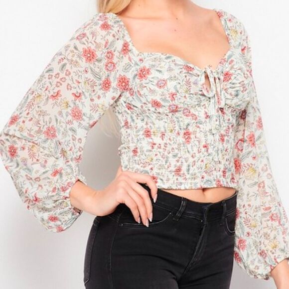 Love Tree Smocked Crop Top Off White Coral Yellow Floral Peasant Blouse M - Picture 1 of 7